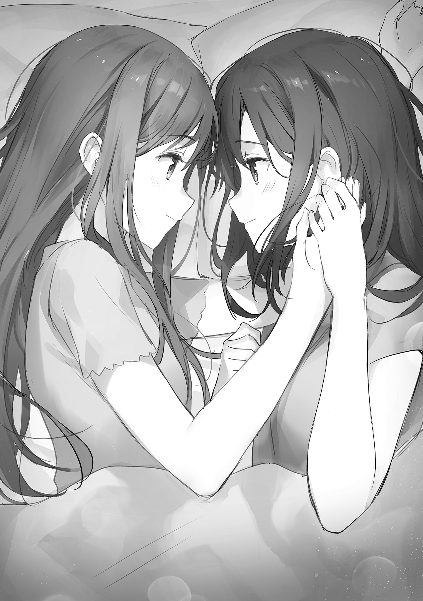 Adult Adachi and Shimamura face each other with their hands joined.