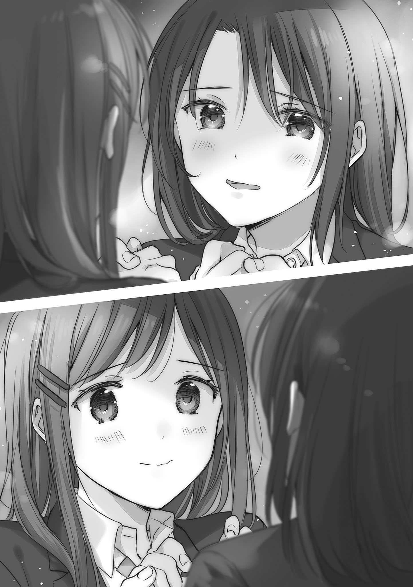 Adachi and Shimamura face each other and hold hands.