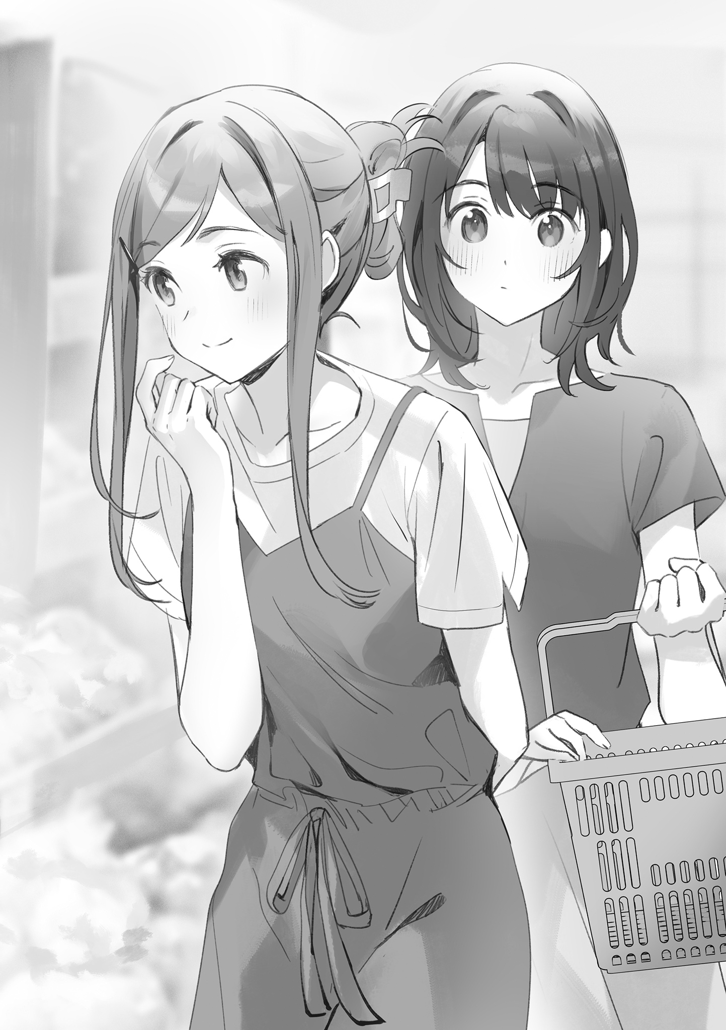 Adult Shimamura chooses groceries while Adachi carries their basket.