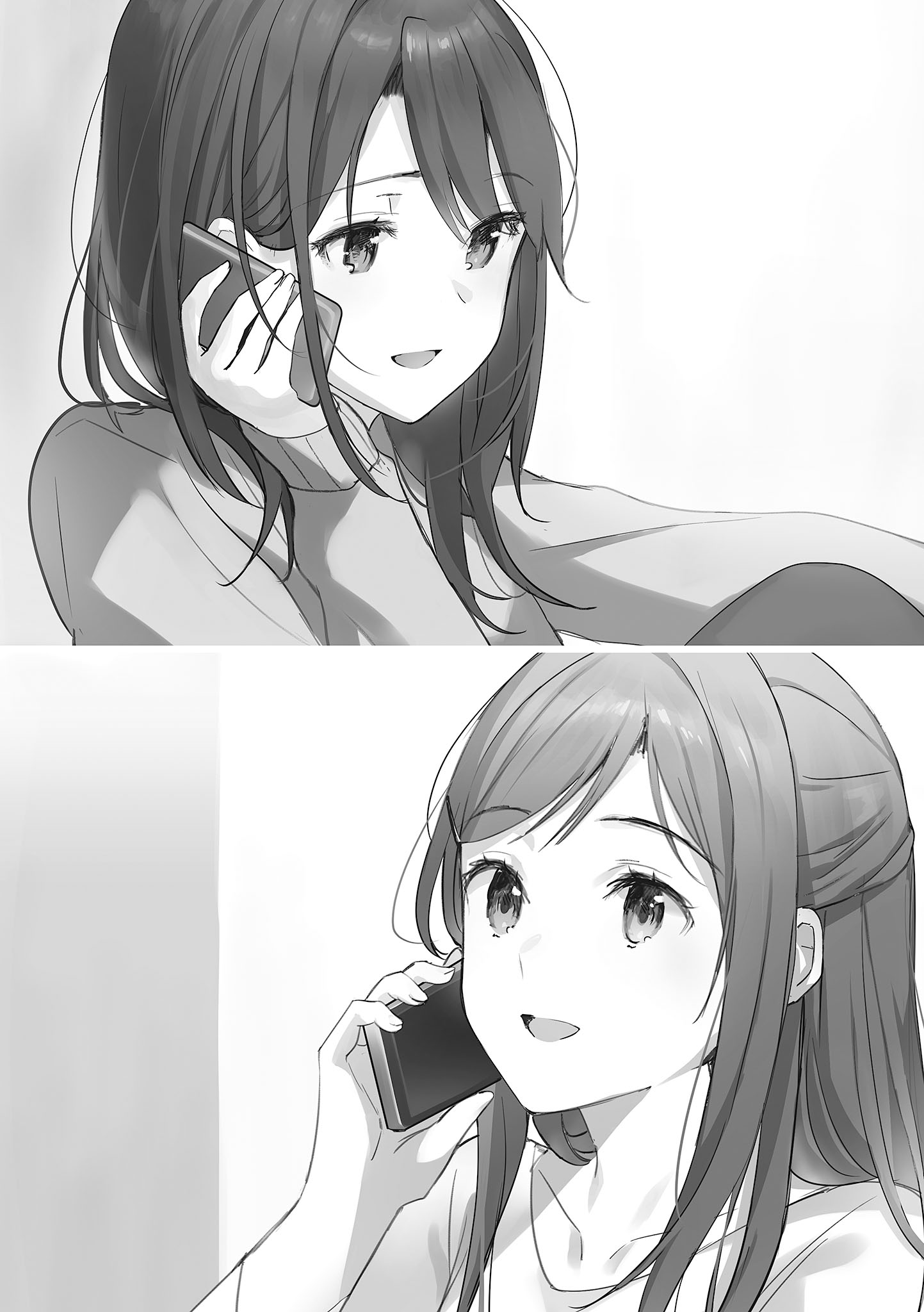 Adachi and Shimamura smile while speaking by phone from separate places.