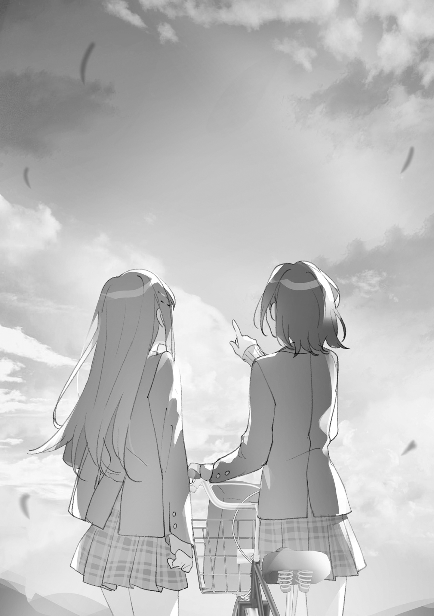Adachi and Shimamura stand together beneath a wide sky beside a bicycle.