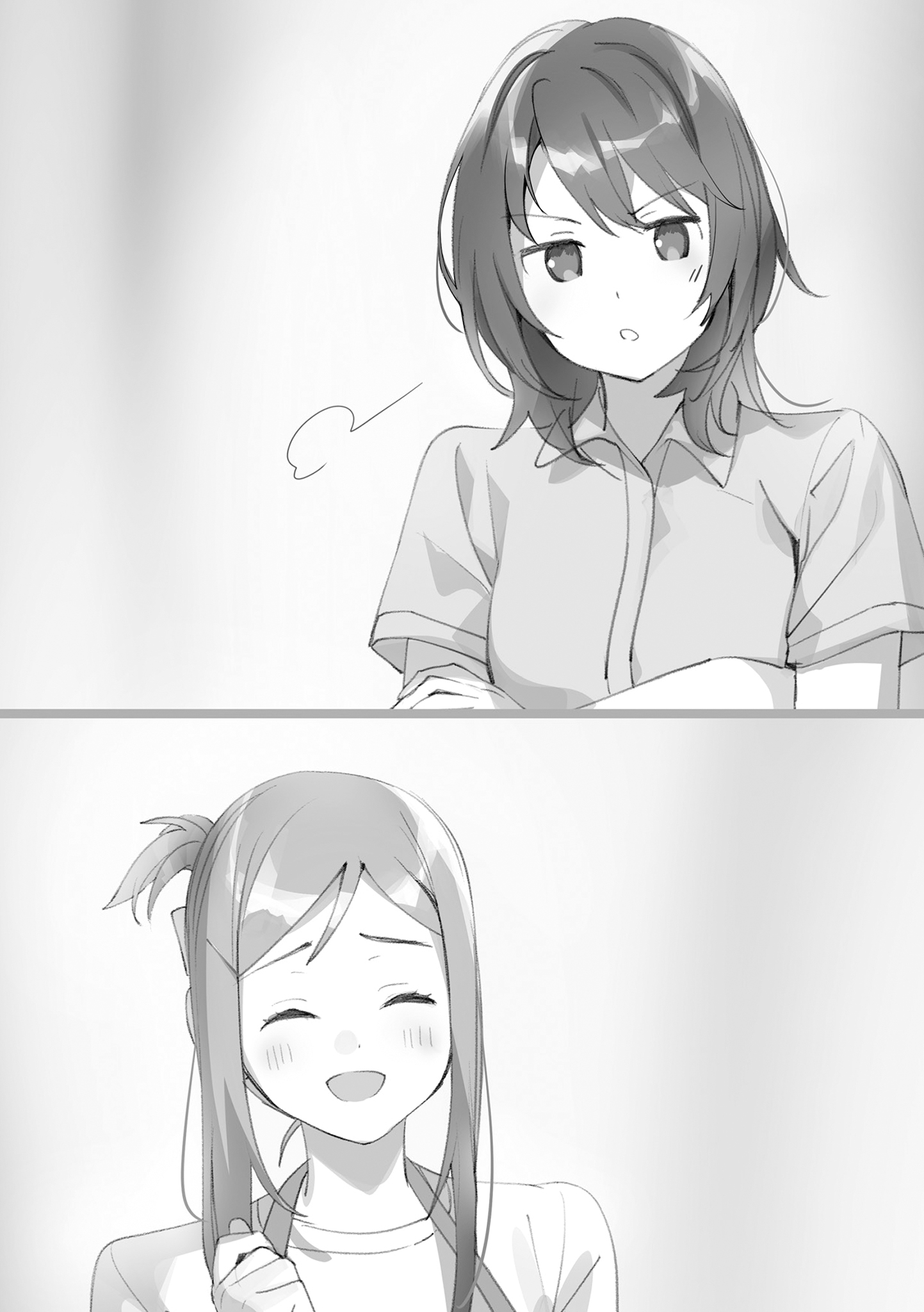 Shimamura pouts while Adachi smiles in a paired illustration.