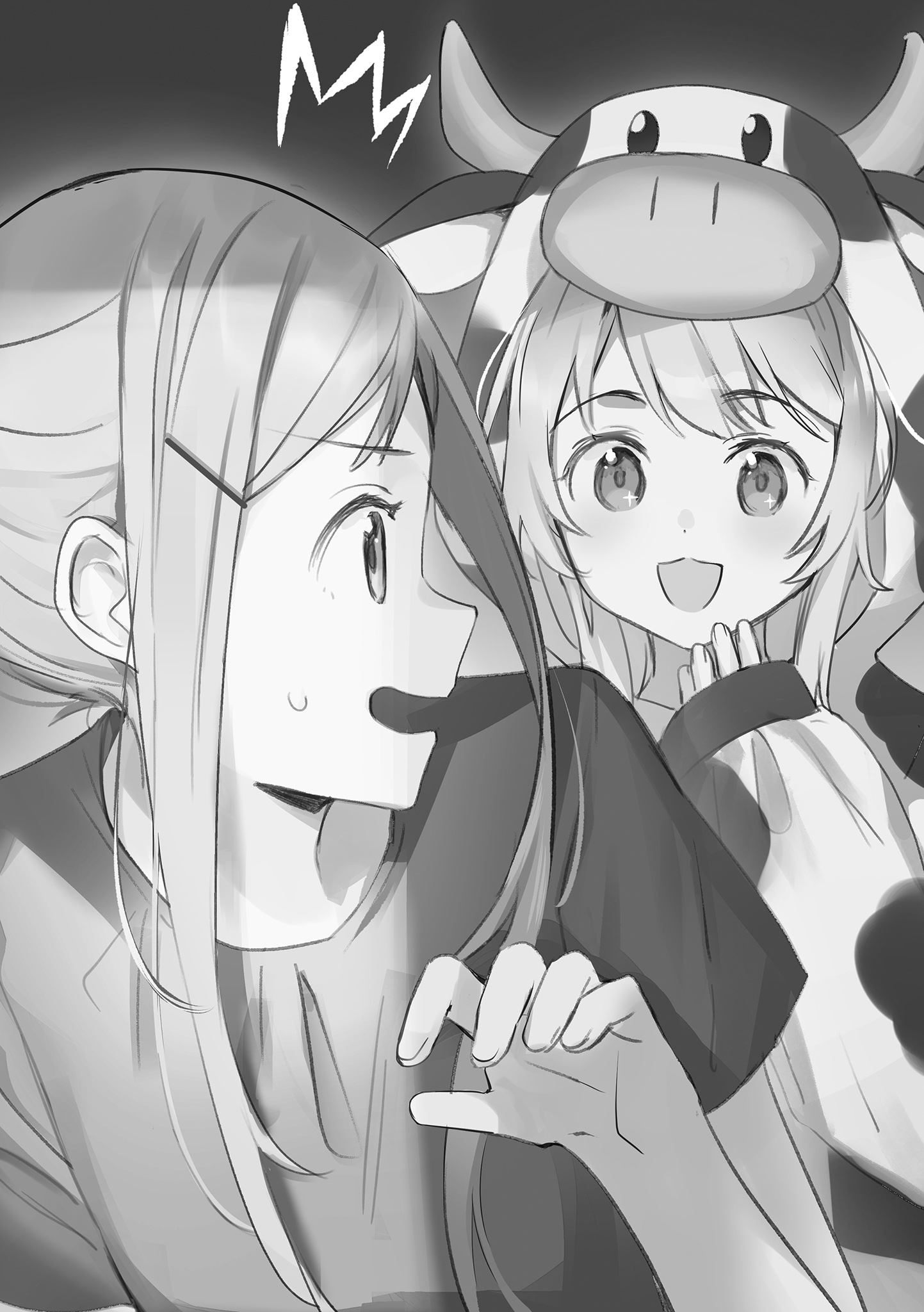 Shimamura reacts to Yashiro wearing a cow costume in their home.