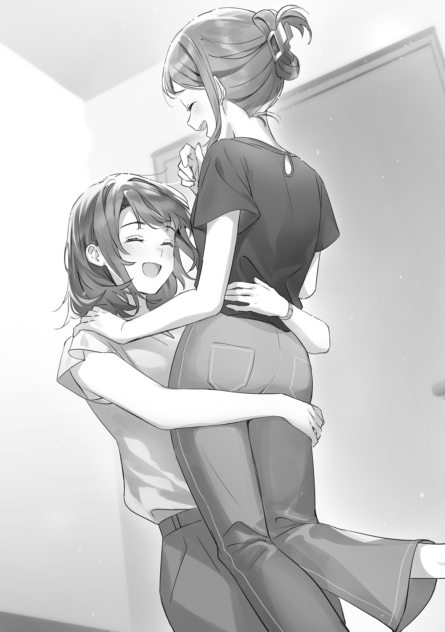 Adult Adachi lifts Shimamura as the two of them laugh together.
